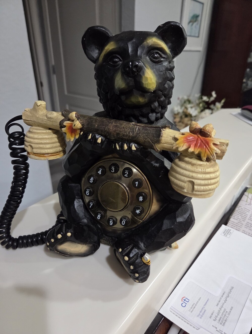 Black Bear Novelty Rotary Dog Phone Sculpture - Black and Yellow Resin